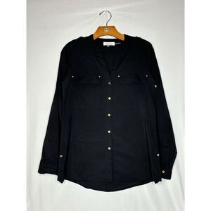 Calvin Klein‎ Womens Black Polyester Button Front Long Sleeve Shirt Size XS